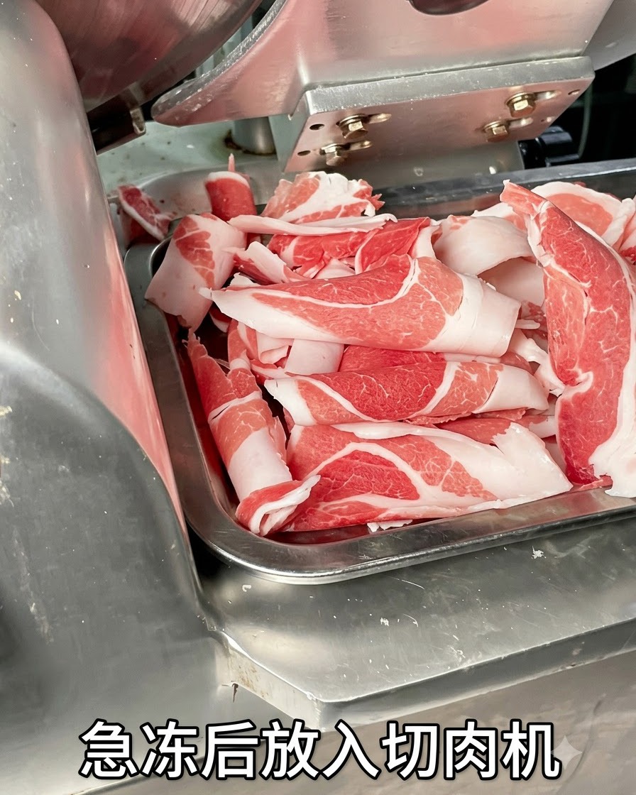Fette di pancetta sottili e uniformi che escono dal vassoio dellaffettatrice dopo essere state congelate.
