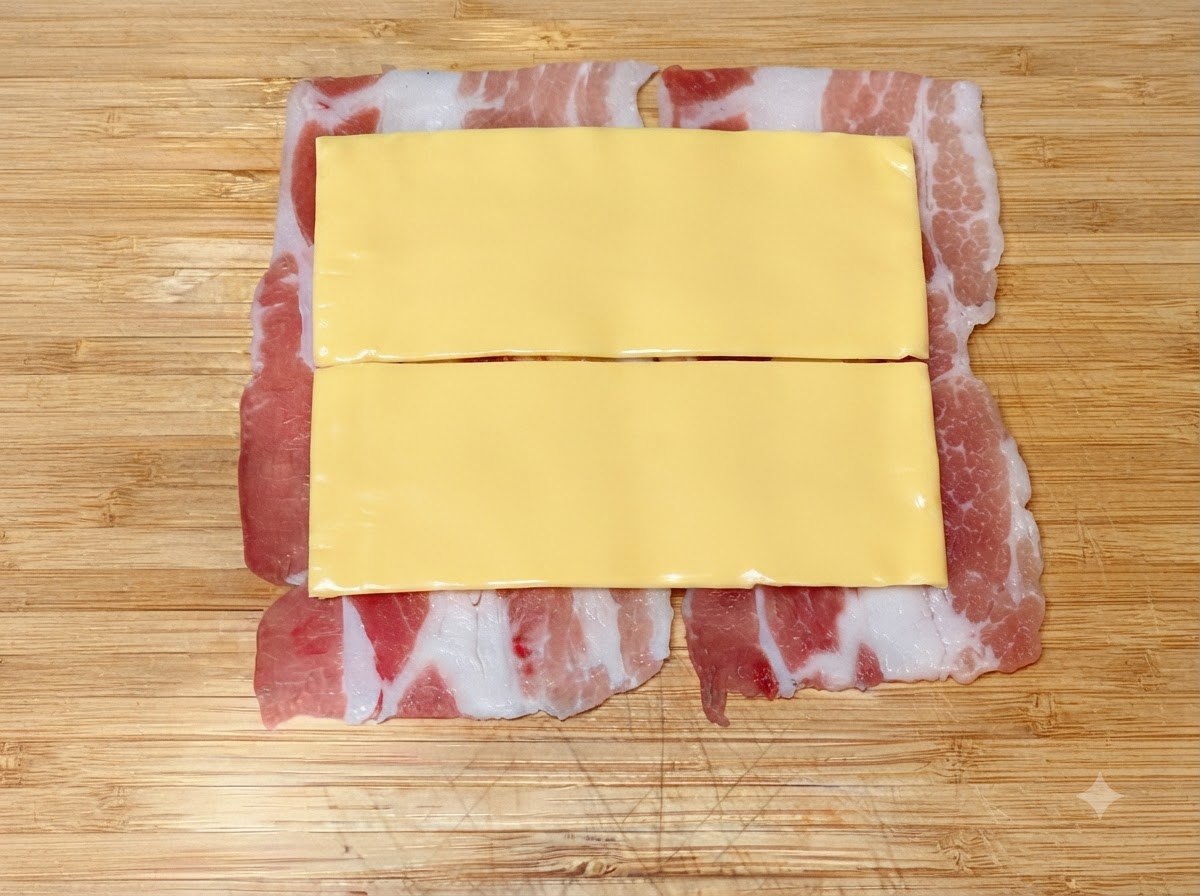 Fette quadrate di formaggio disposte in modo piatto sopra strati sovrapposti di pancetta sottile su un tagliere di legno.