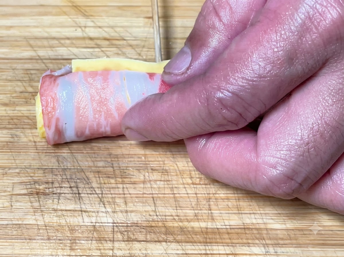 Mani che arrotolano gli strati di pancetta di maiale e fissano la forma cilindrica con spiedini di bambù.