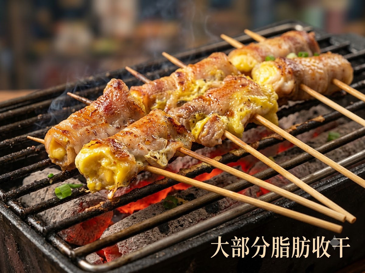 Cumino in polvere e spezie cosparsi sugli involtini di carne sfrigolanti sulla griglia mentre il grasso fuoriesce.