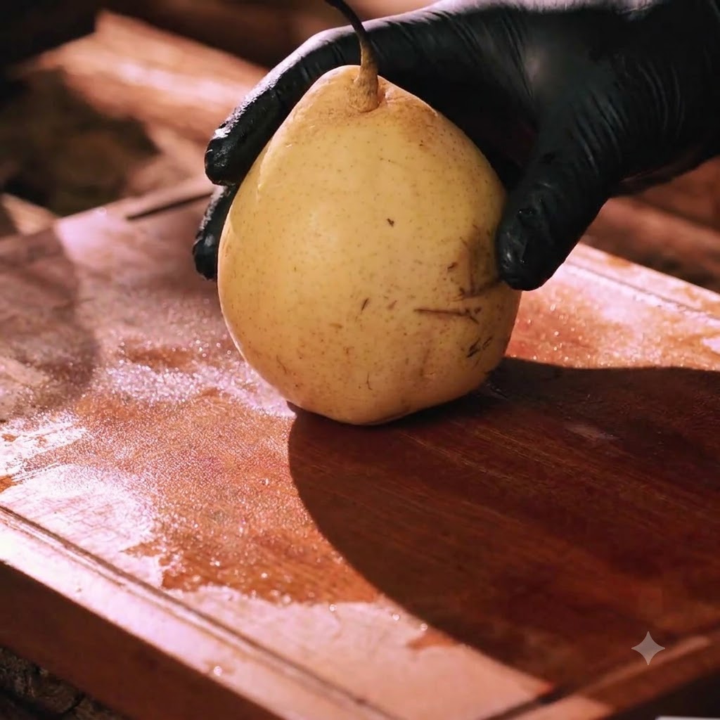 Una pera fresca viene affettata su un tagliere di legno.