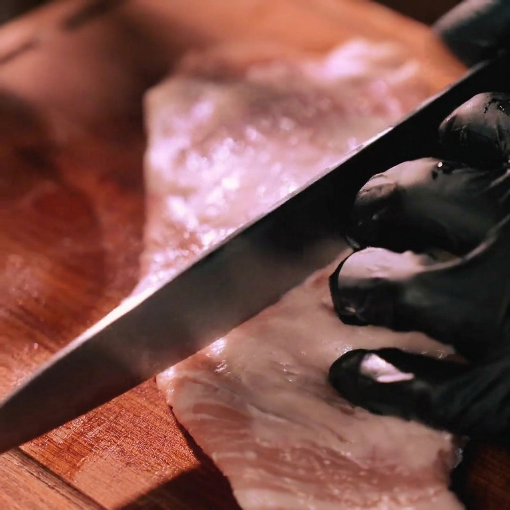 Un coltello affilato incide un motivo a scacchiera su un taglio di collo di maiale crudo.