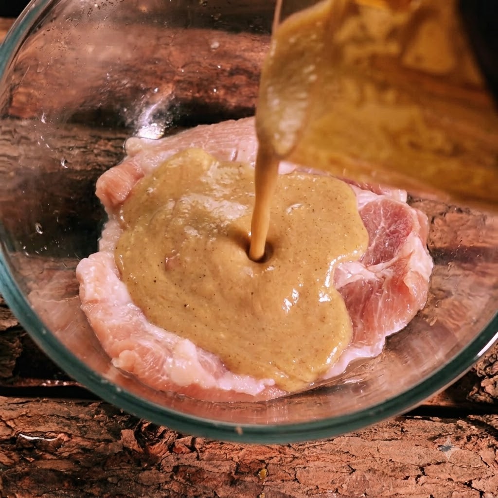 Densa marinata frullata versata da un contenitore sulla carne di maiale cruda in una ciotola di vetro.