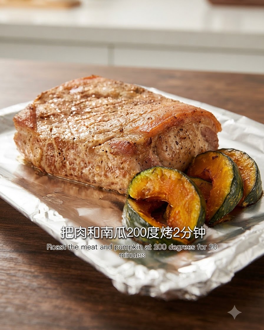 Collo di maiale marinato e zucca affettata disposti su carta stagnola su una teglia da forno.