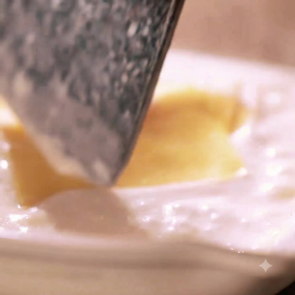 Fette di formaggio aggiunte in una salsa bianca cremosa in una padella.