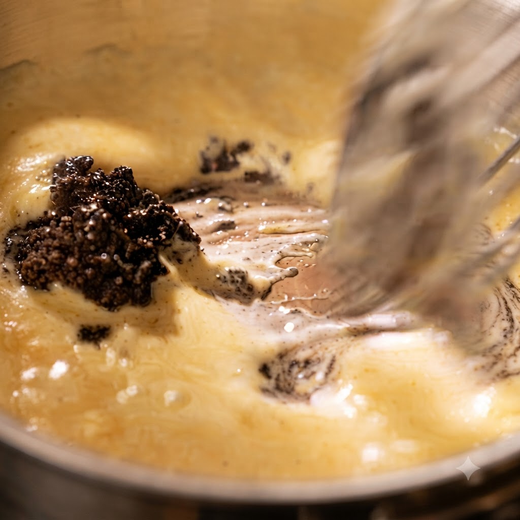 Un cucchiaio di salsa di tartufo nero scura mescolata in una padella di salsa al formaggio gialla bollente con una frusta.