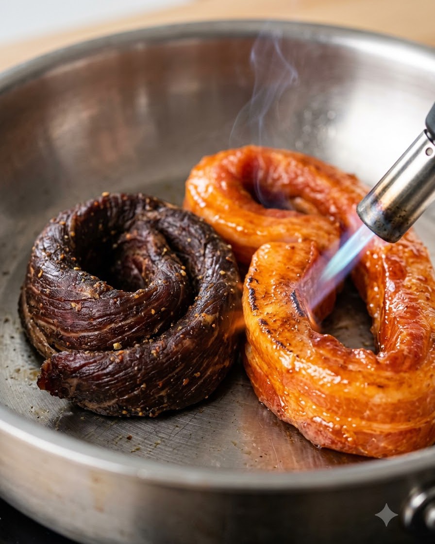 Una fiamma blu da un cannello da cucina che brucia leggermente la superficie dei pezzi di carne arrotolati allinterno di una ciotola di metallo in acciaio inossidabile.