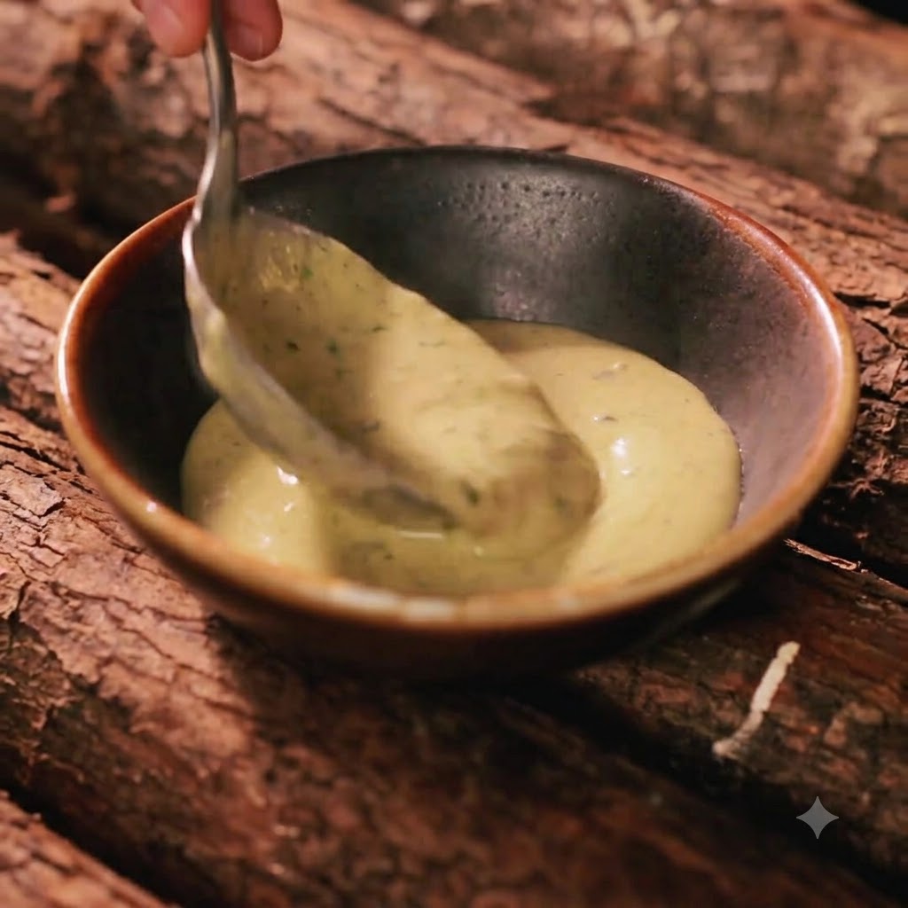Un mestolo che raccoglie salsa cremosa gialla al formaggio e tartufo in una piccola ciotola di ceramica posta su uno sfondo di ceppo di legno.