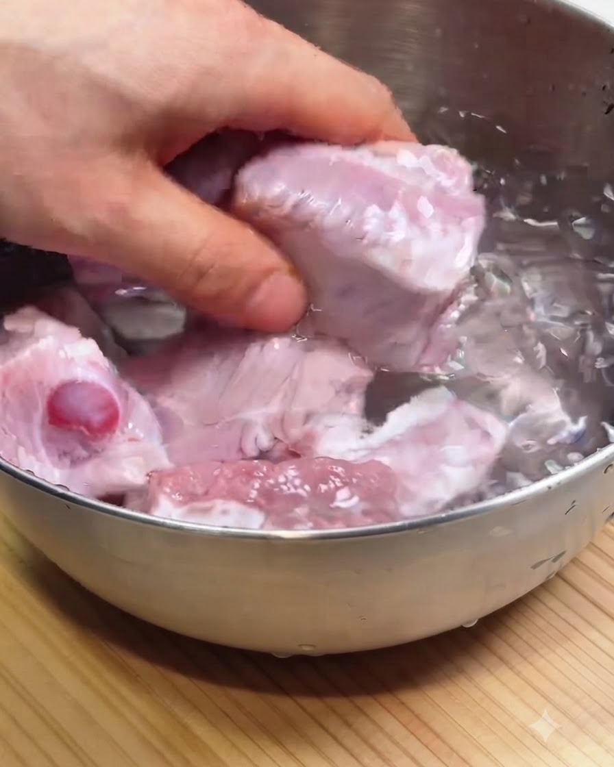 Costine di maiale sciacquate in una ciotola di acciaio inossidabile piena dacqua.