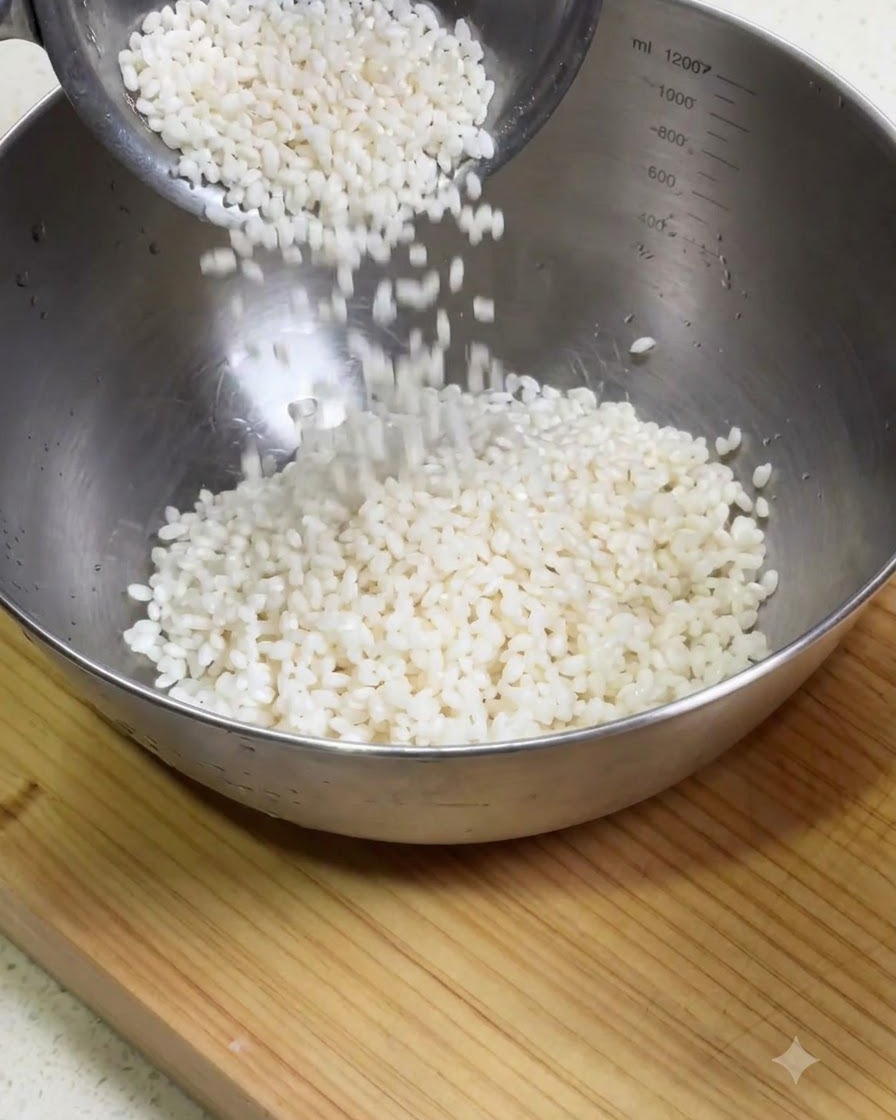 Riso glutinoso versato in una ciotola per essere mescolato con salsiccia cinese e funghi shiitake.