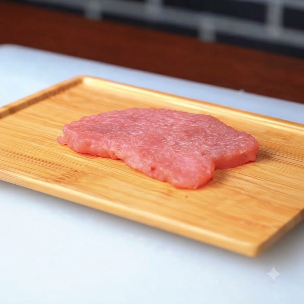 Una fetta di maiale cruda adagiata su un tagliere di legno dopo essere stata infarinata.