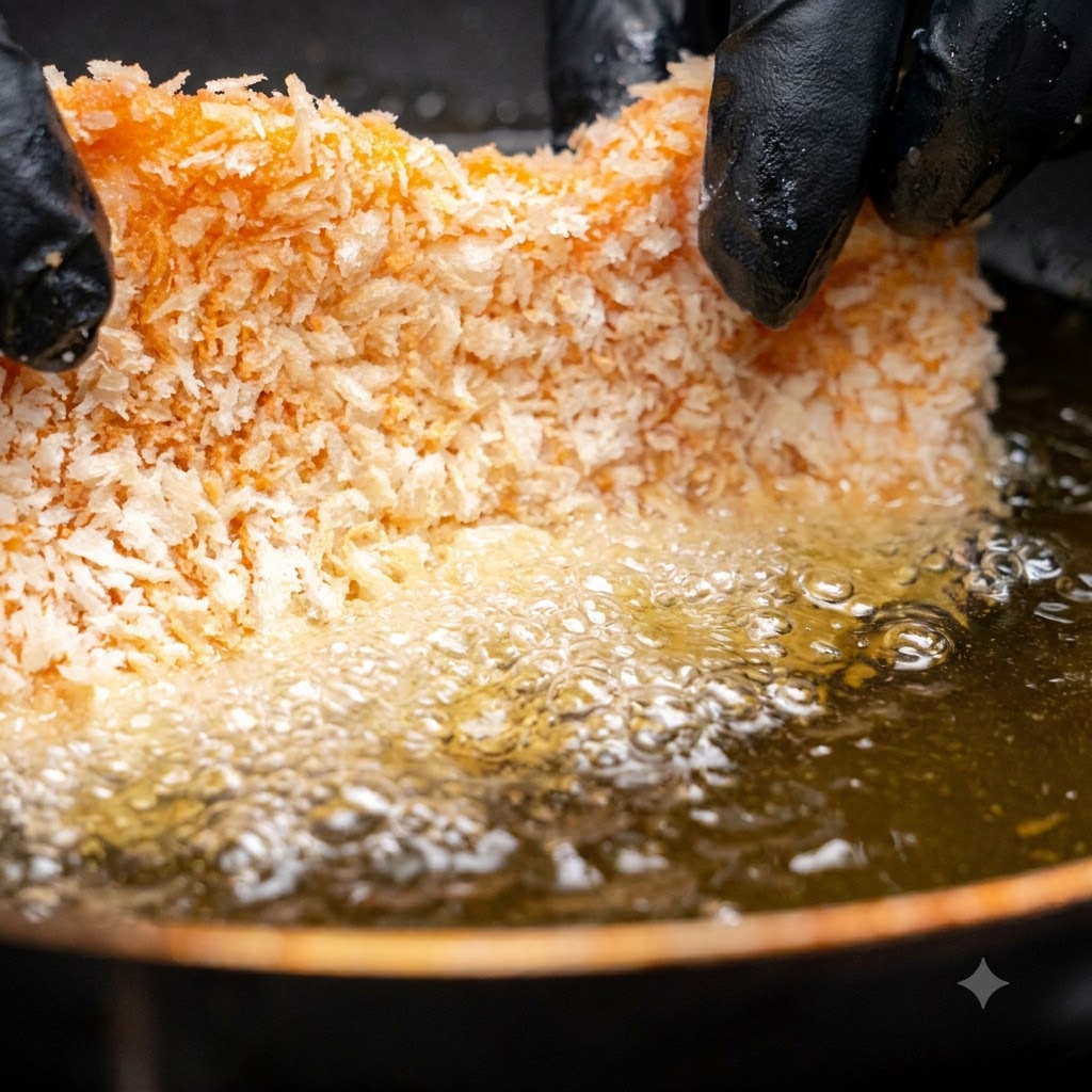 Una cotoletta di maiale impanata calata nellolio bollente allinterno di una padella.
