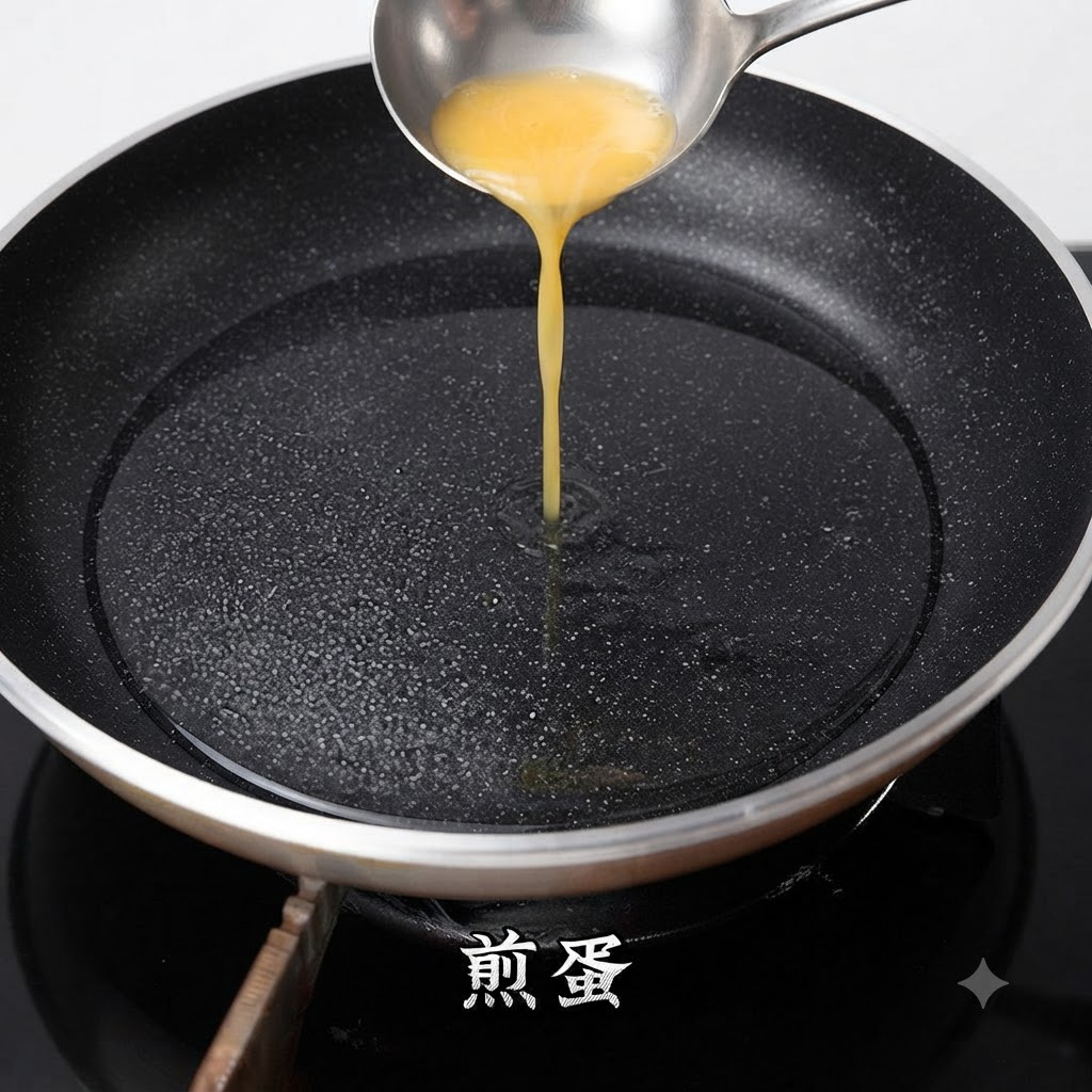 Uovo sbattuto versato da un mestolo in una padella calda per creare un sottile strato di frittata.