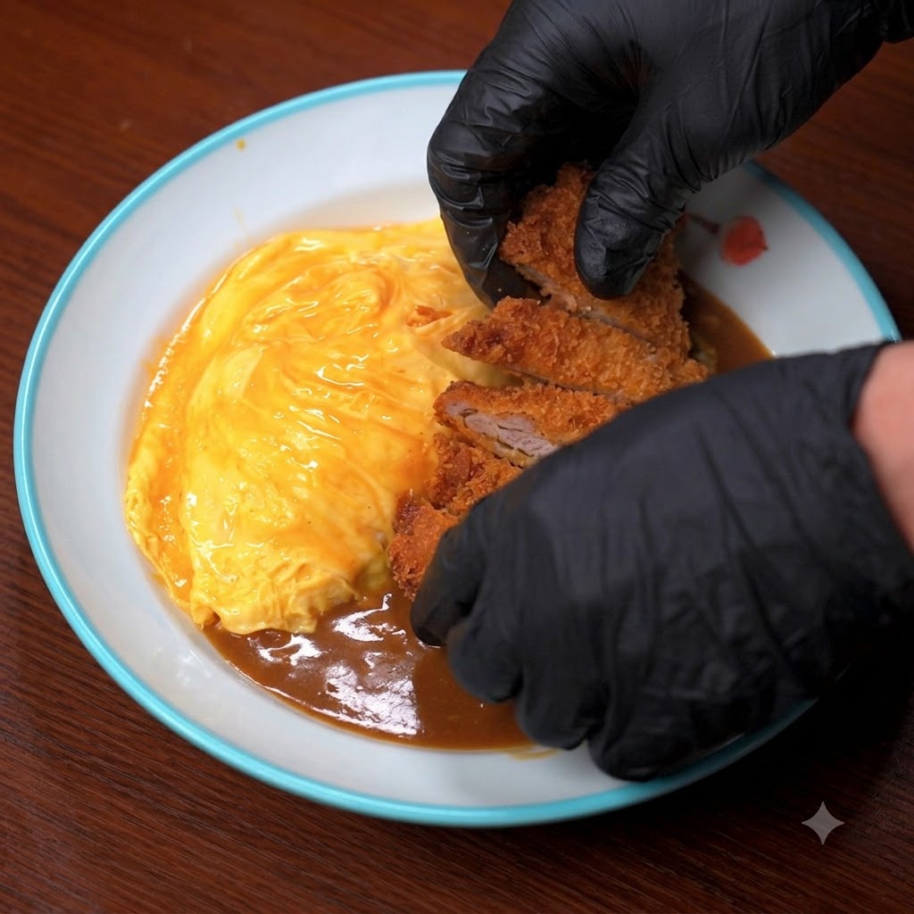 Un paio di mani guantate che posizionano pezzi di cotoletta di maiale croccante tagliata su un piatto di riso al curry con frittata.