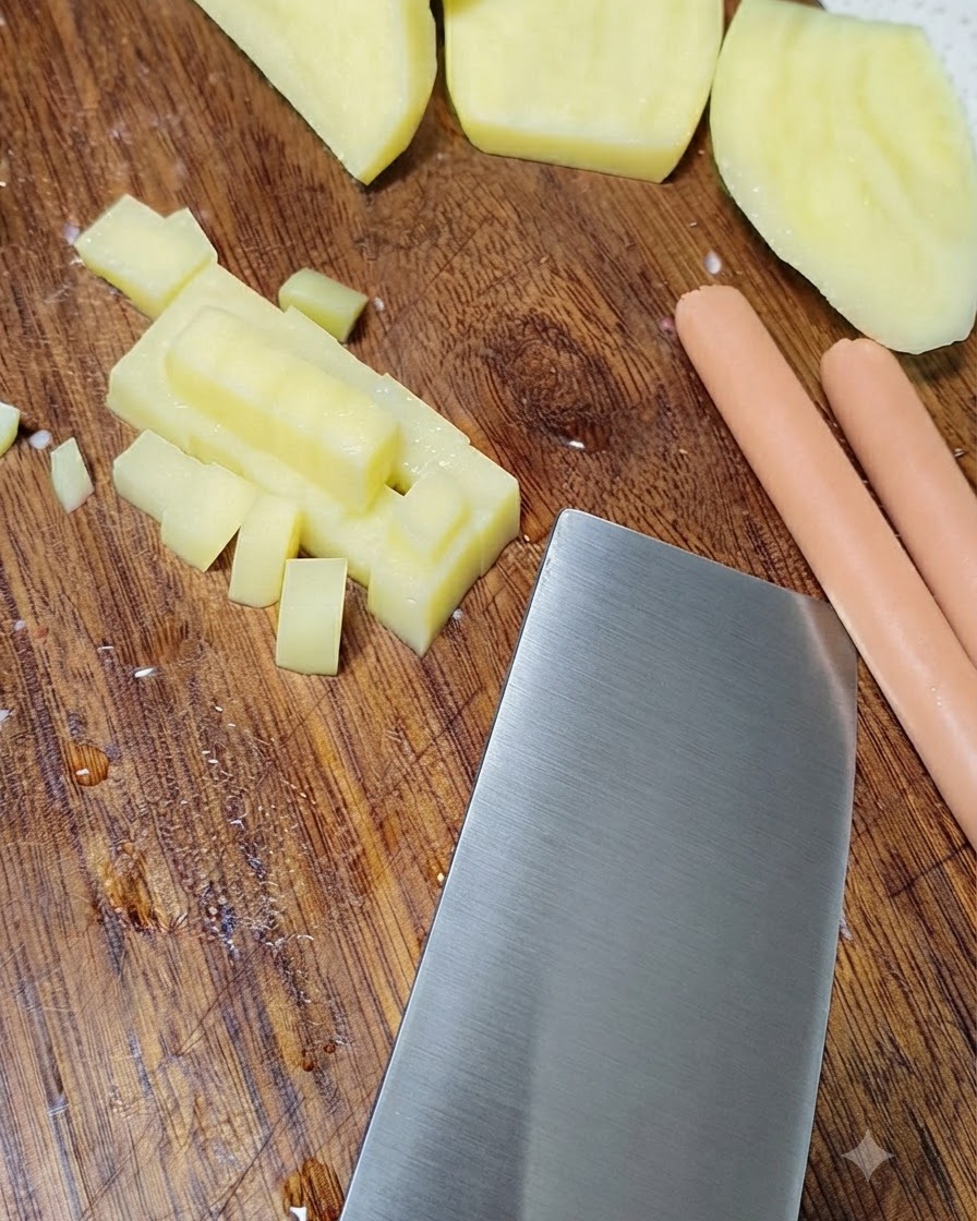 Patate crude tagliate con cura a piccoli cubetti su un tagliere di legno accanto alle salsicce.