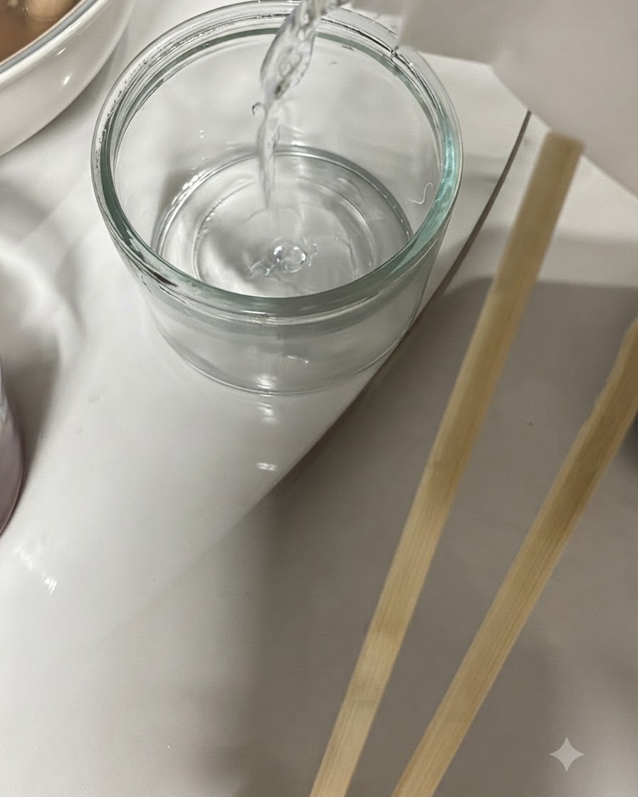 Liquore chiaro versato da una bottiglia in un piccolo bicchiere accanto a una ciotola di zuppa e riso.