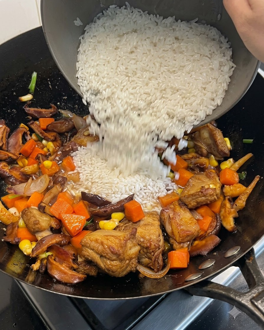 Chicchi di riso bianco pre-ammorbiditi versati da una ciotola nel composto del wok.