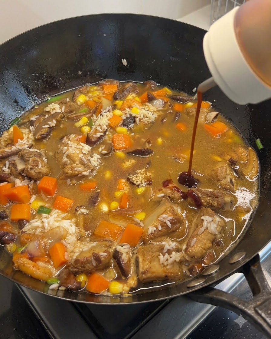Salse e condimenti versati nel wok pieno di riso, carne e verdure.
