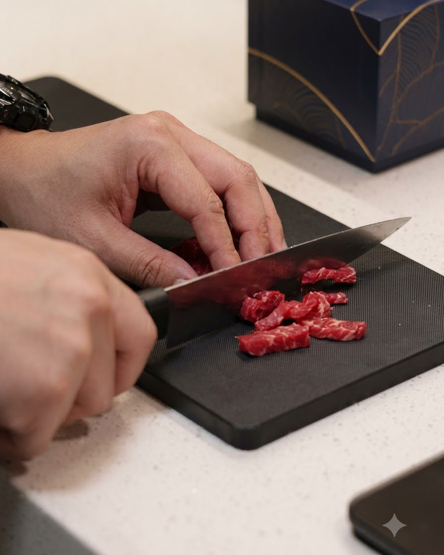Manzo tagliato con cura in piccole strisce sottili su un tagliere nero.