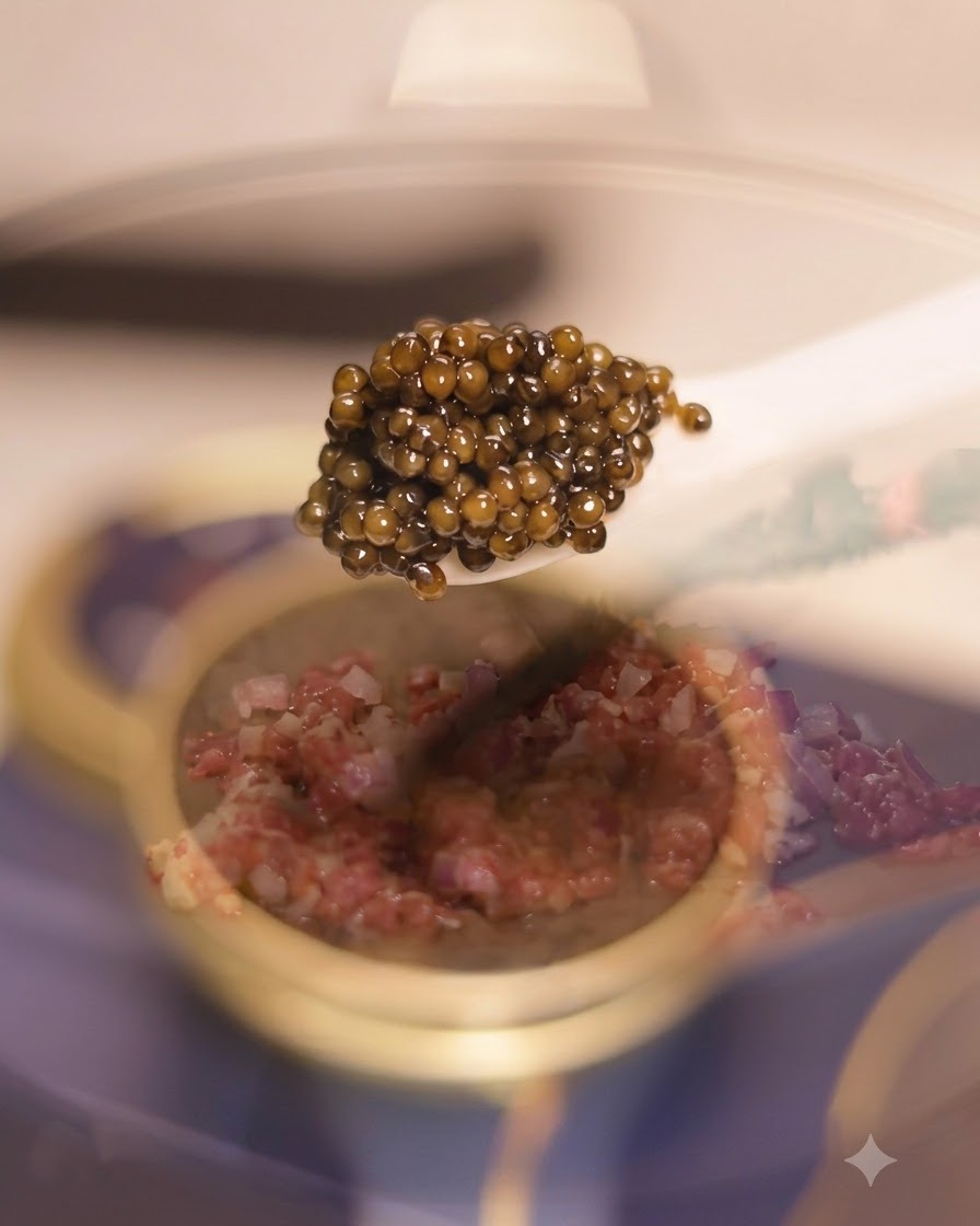 Un cucchiaio di caviale nero mostrato sopra una padella contenente carne a dadini e cipolle.