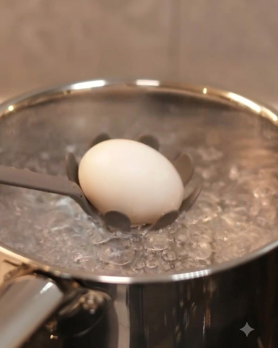 Un singolo uovo calato in una pentola di acqua bollente usando un cucchiaio forato.