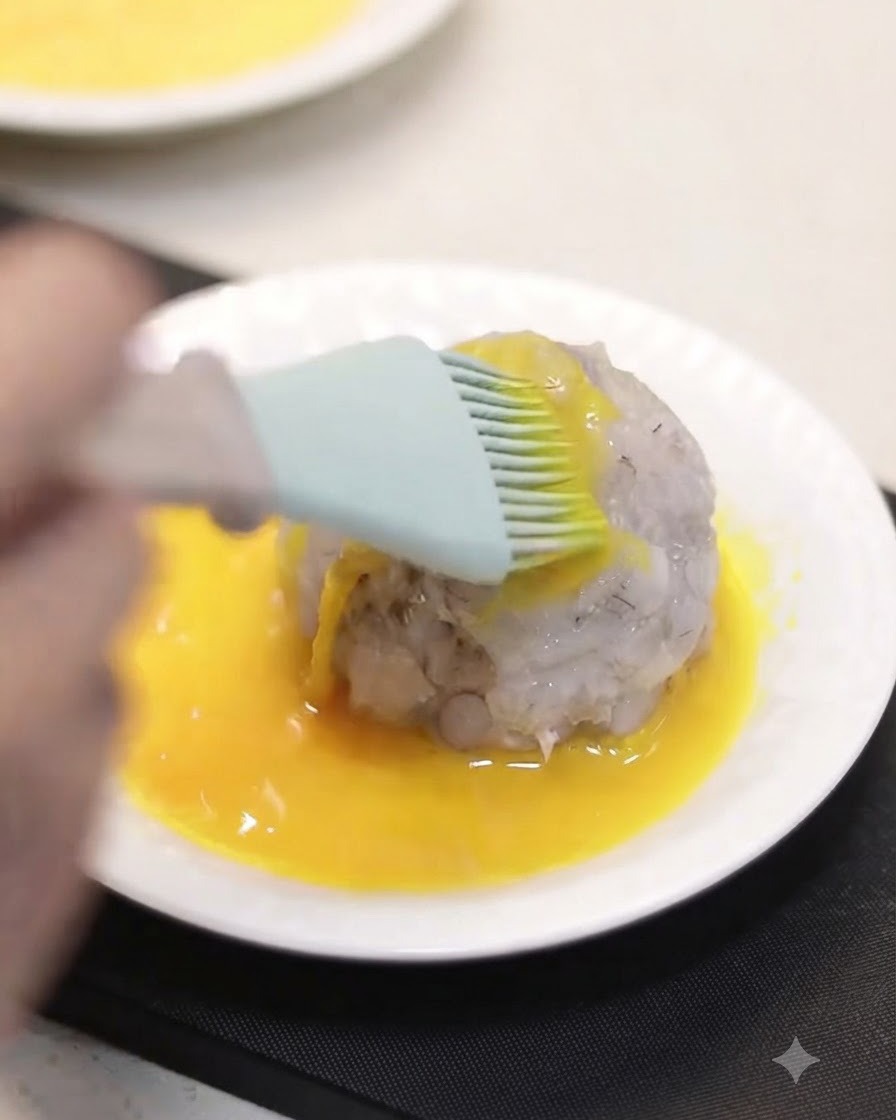 Un uovo ricoperto di pasta di gamberi spennellato con uovo sbattuto su un piatto bianco.