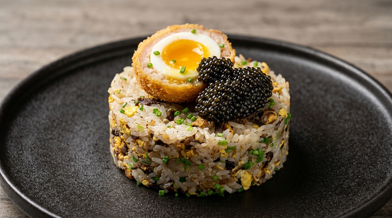 Riso Saltato al Manzo con Tartufo Nero, Uovo alla Scozzese e Caviale