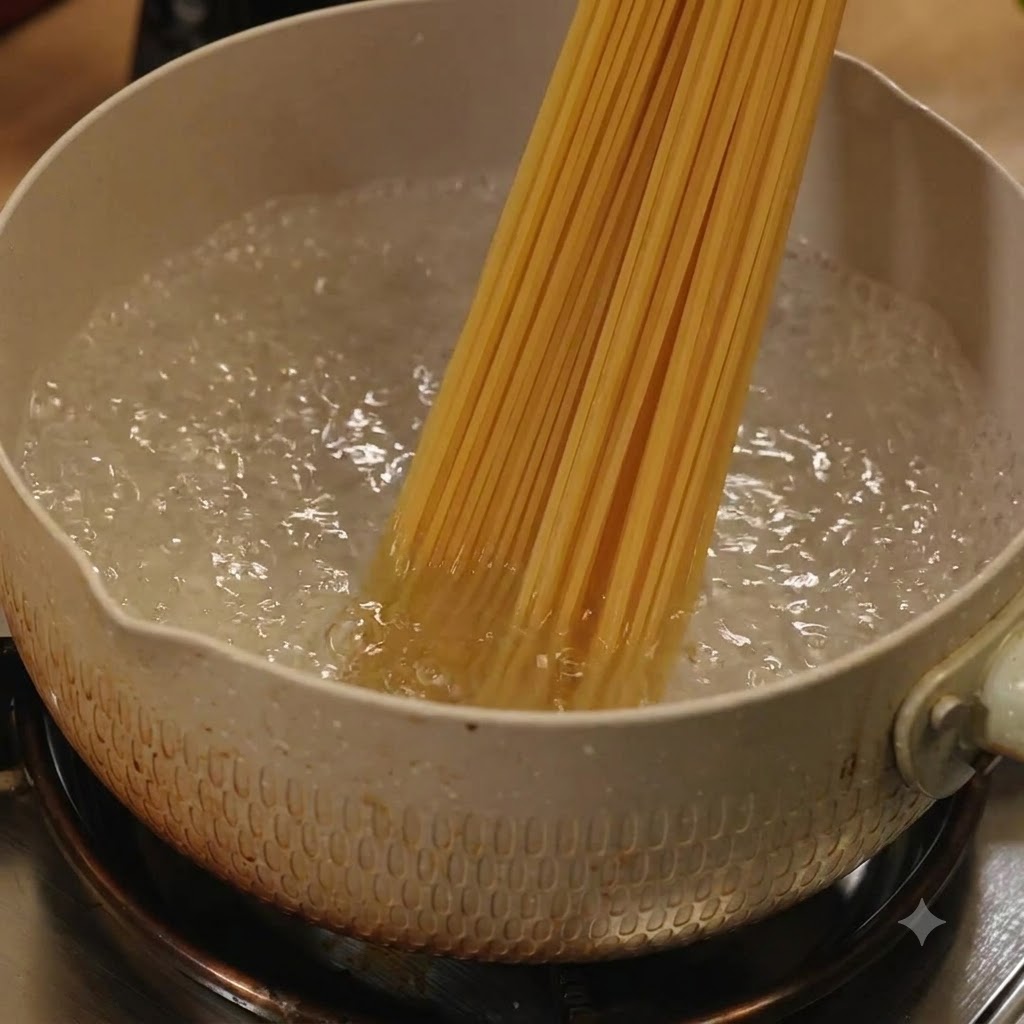 Spaghetti secchi immersi in una pentola di acqua bollente sul fuoco.