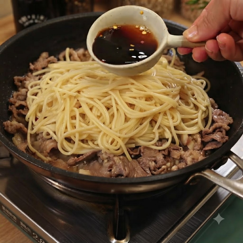 Un mestolo pieno di salsa scura saporita versata sopra gli spaghetti e il manzo in padella.