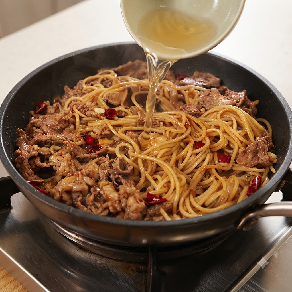 Una ciotolina che versa lacqua di cottura della pasta nella padella con spaghetti e manzo.
