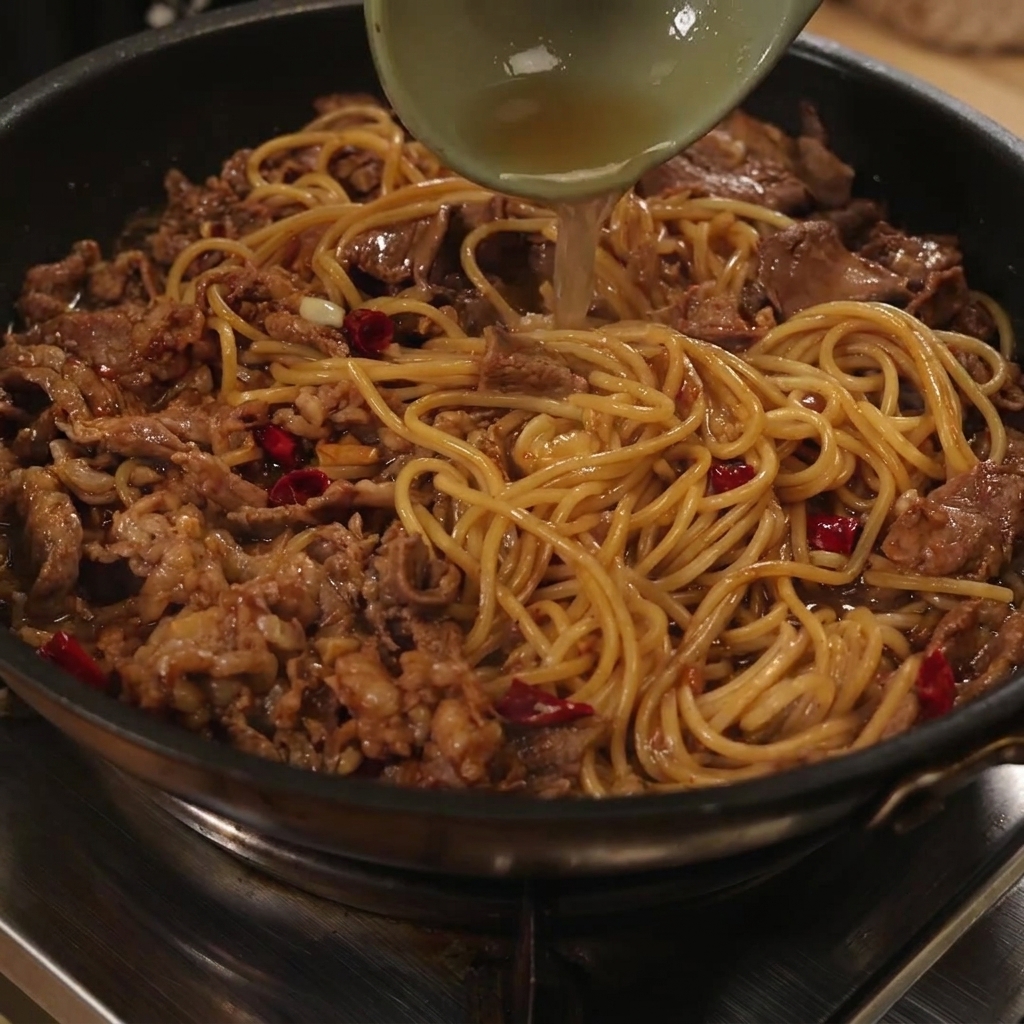 Manzo e spaghetti mescolati insieme in padella mentre viene aggiunto del liquido con un mestolo.