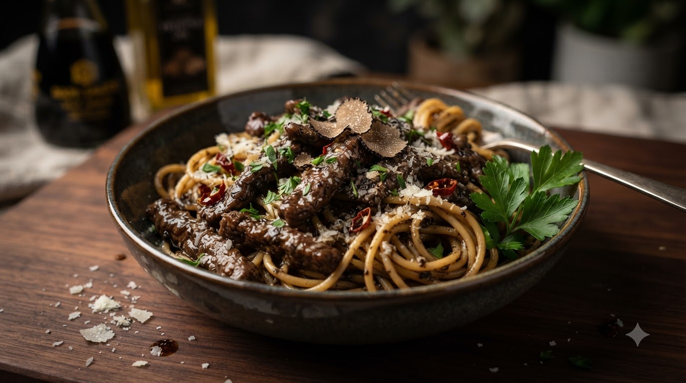 Spaghetti con Manzo alla Griglia e Tartufo Nero