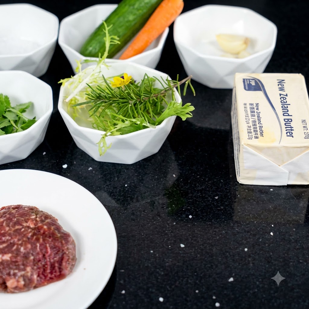 Bistecca cruda su un piatto bianco con ingredienti di condimento e un panetto di burro nelle vicinanze su una superficie scura.