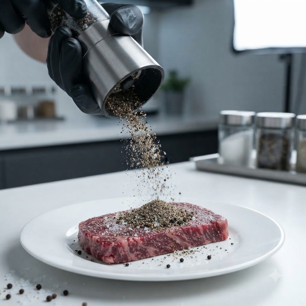 Un primo piano di una mano con i guanti che macina pepe nero e sale su una bistecca cruda sopra un piatto bianco.