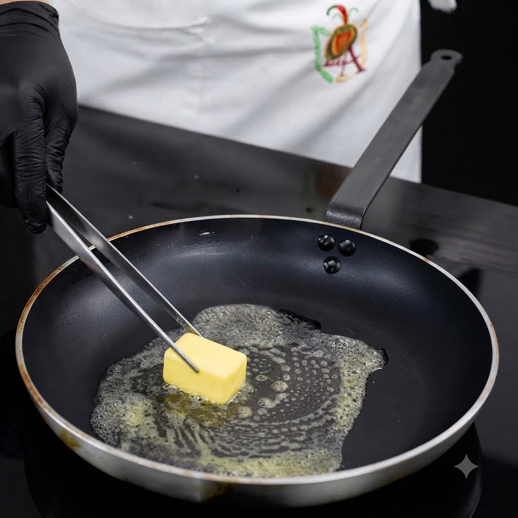 Un pezzo di burro che si scioglie in una padella calda con olio vegetale usando le pinze.