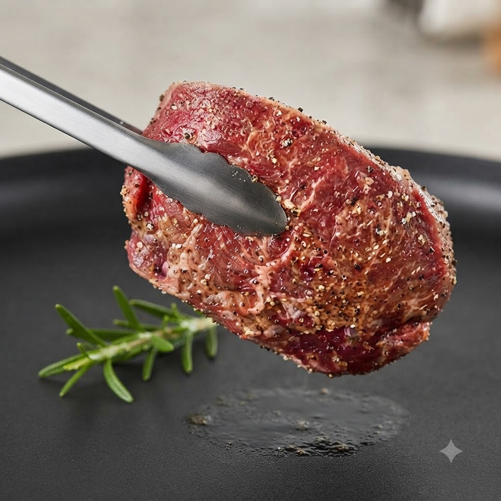 Una bistecca condita tenuta sollevata da pinze di metallo con un rametto di rosmarino nelle vicinanze.