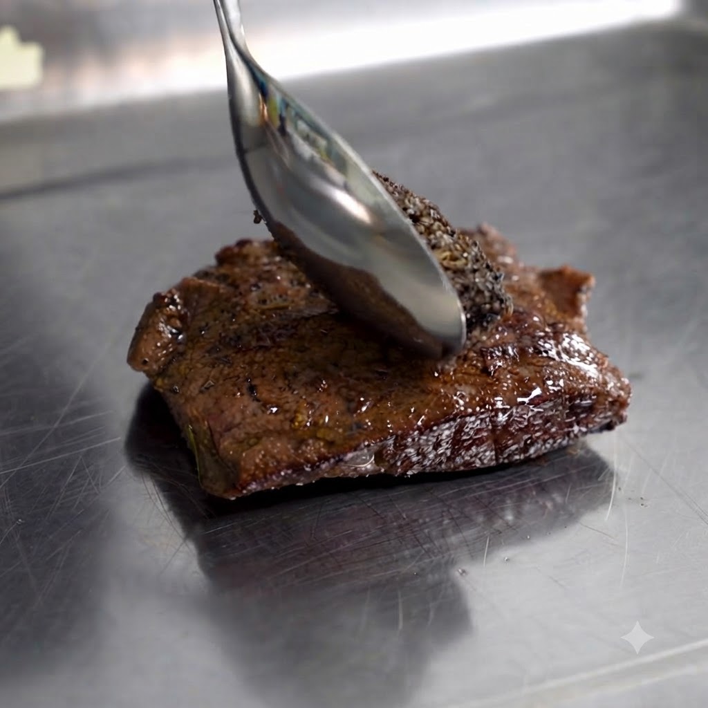 Pasta di tartufo nero prelevata con un cucchiaio e spalmata su una bistecca rosolata adagiata su un vassoio dacciaio.