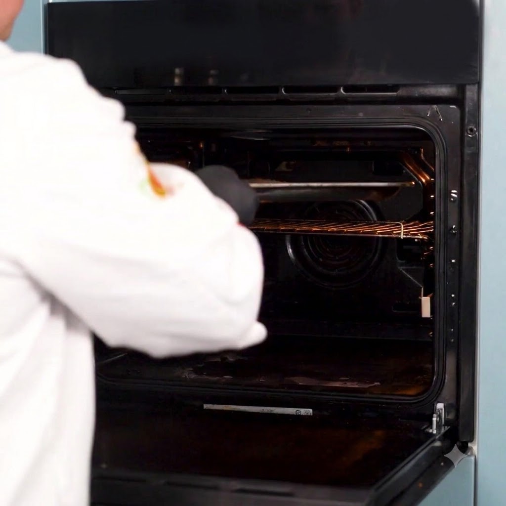 Uno chef che posiziona un vassoio con la bistecca preparata allinterno di un forno caldo.
