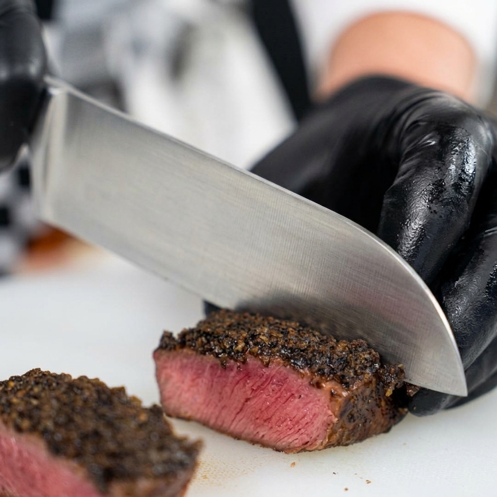 Uno chef con guanti neri che affetta una bistecca cotta con una crosta di tartufo scuro in tre pezzi distinti su un tagliere, rivelando un interno rosa.