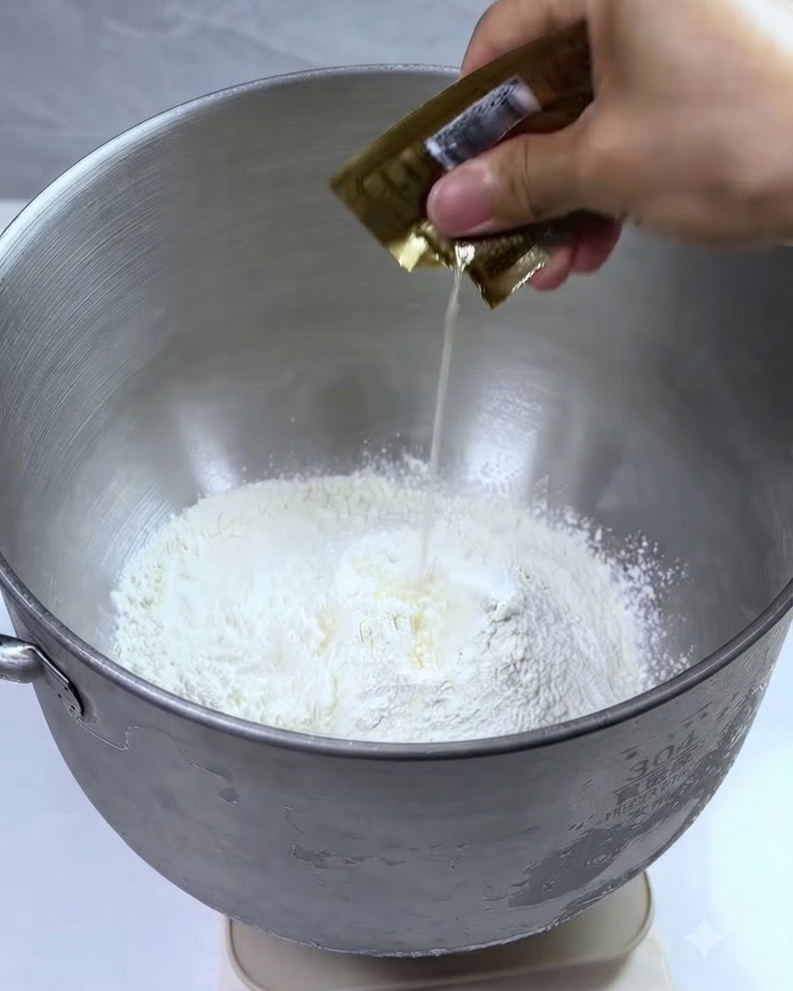 Lievito secco e acqua versati in una ciotola piena di farina.