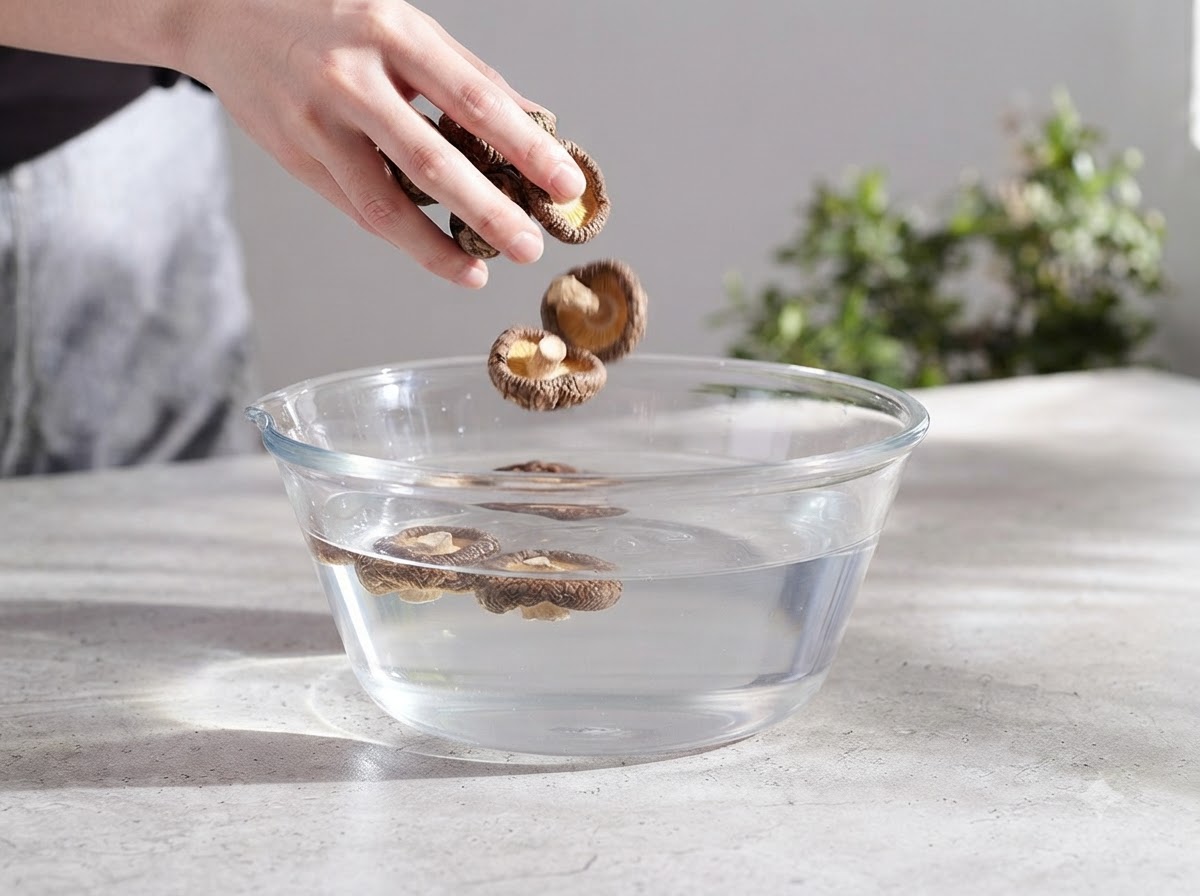 Funghi shiitake e tea tree disidratati in ammollo in una ciotola di vetro piena dacqua.