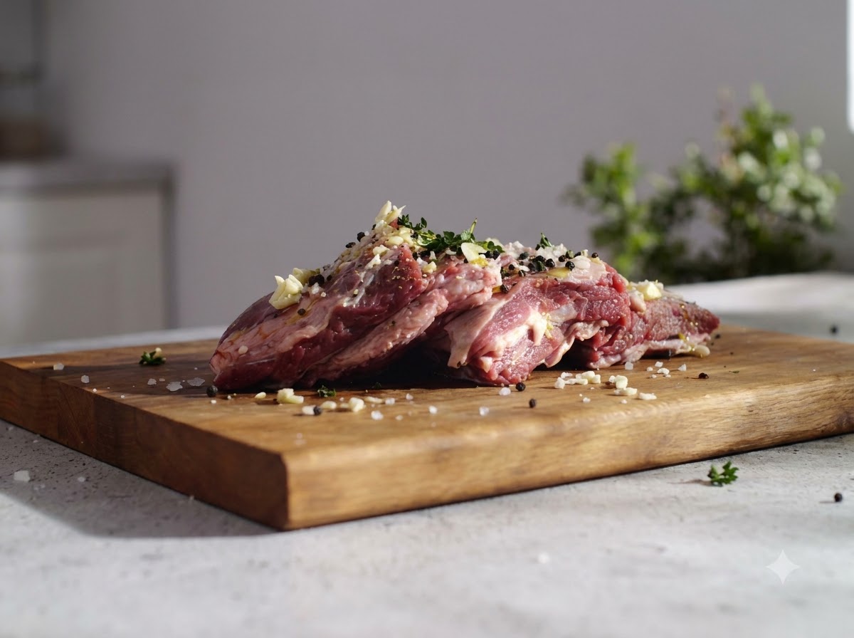 Costine di manzo crude ricoperte di aglio, erbe aromatiche e condimenti adagiate su un tagliere.