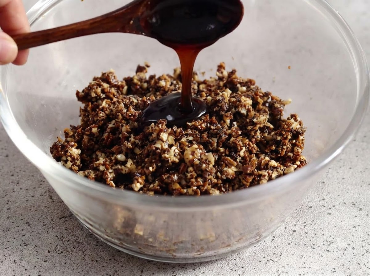 Salsa di ostriche versata da un cucchiaio in una ciotola di vetro contenente il composto di funghi tritati e tartufo.