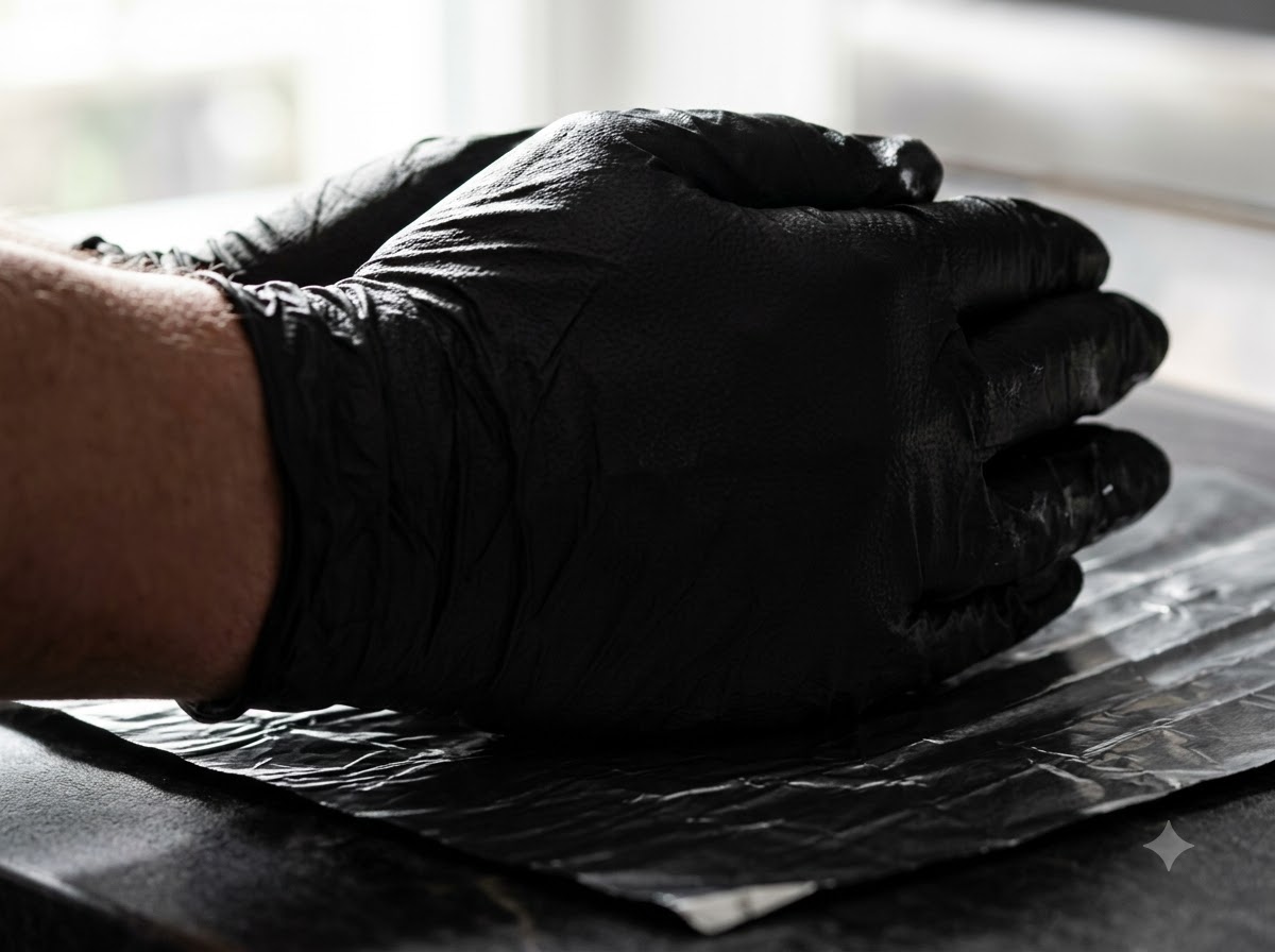 Un paio di mani guantate che premono su un pacchetto avvolto nella carta da forno su una superficie piana.