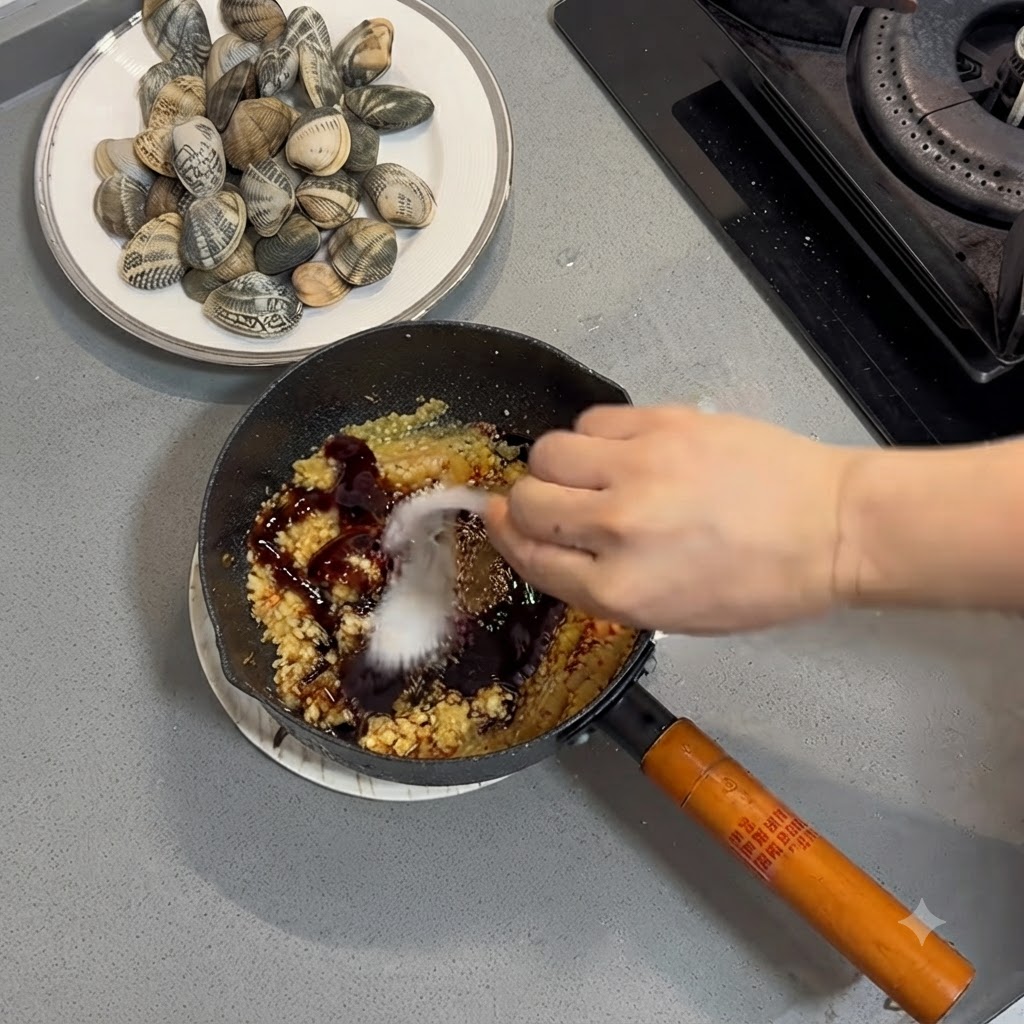 Salsa di ostriche e condimenti versati e mescolati nellaglio fritto in padella.