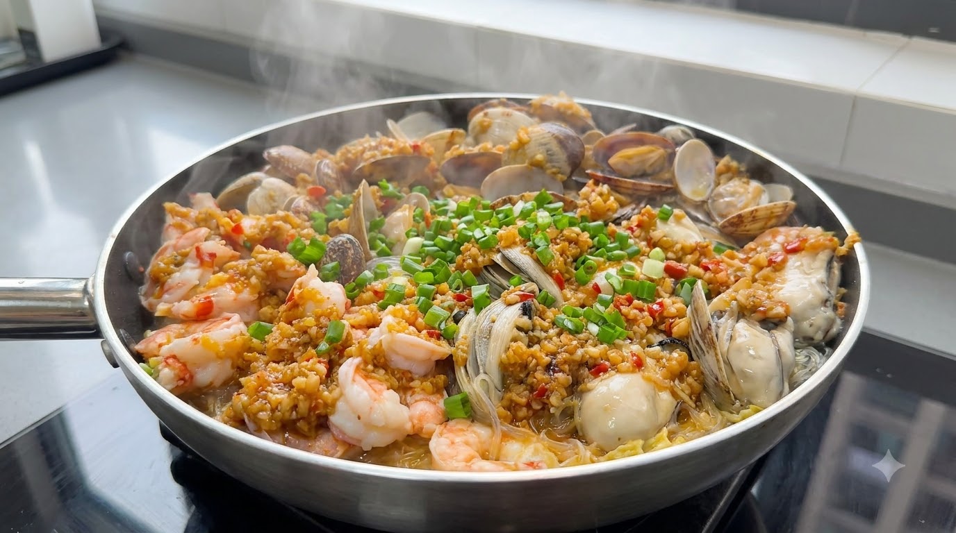Manzo arrosto al forno con vermicelli all'aglio e frutti di mare