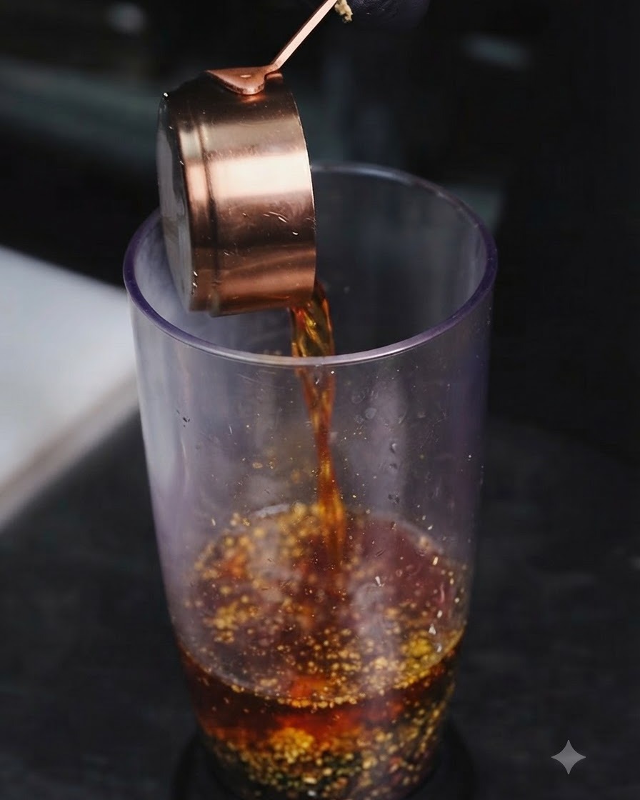 Olio condito scuro versato da un misurino di rame nel recipiente di miscelazione contenente gli ingredienti tritati.