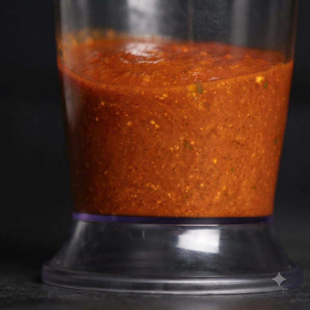 La salsa frullata liscia e dai colori intensi che riempie la parte inferiore del contenitore di plastica.