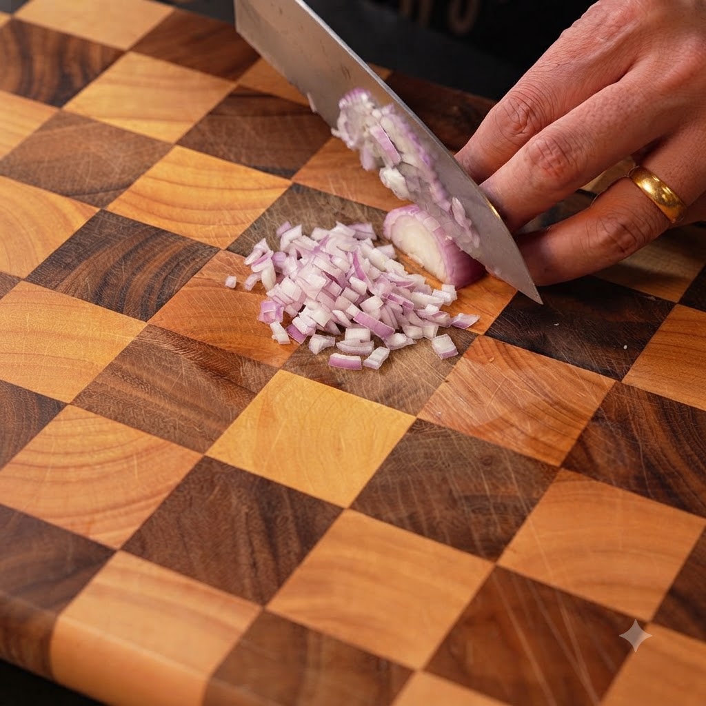 Erba cipollina fresca tagliata in piccoli segmenti su un tagliere di legno.