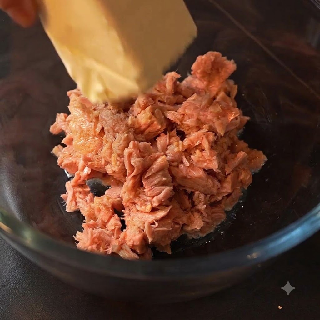 Un panetto di formaggio spalmabile inserito nella ciotola di vetro con il tonno.